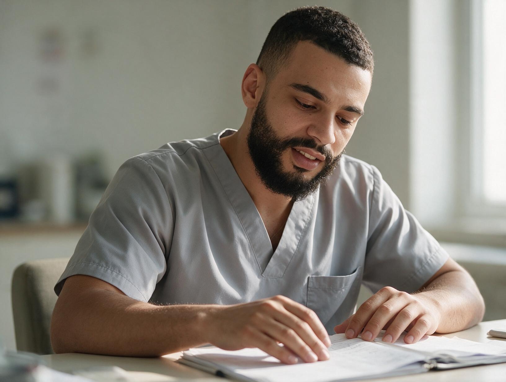 Bearded man in grey scrubs sits at a desk by a bright window