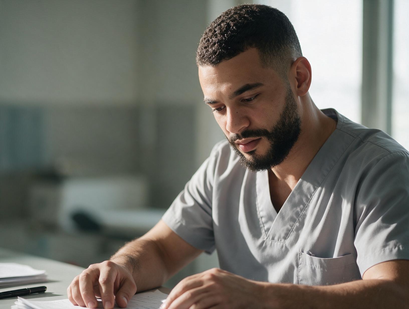 Bearded man with short dark hair in a grey scrub top looks down at papers on a desk beside a window with soft daylight.