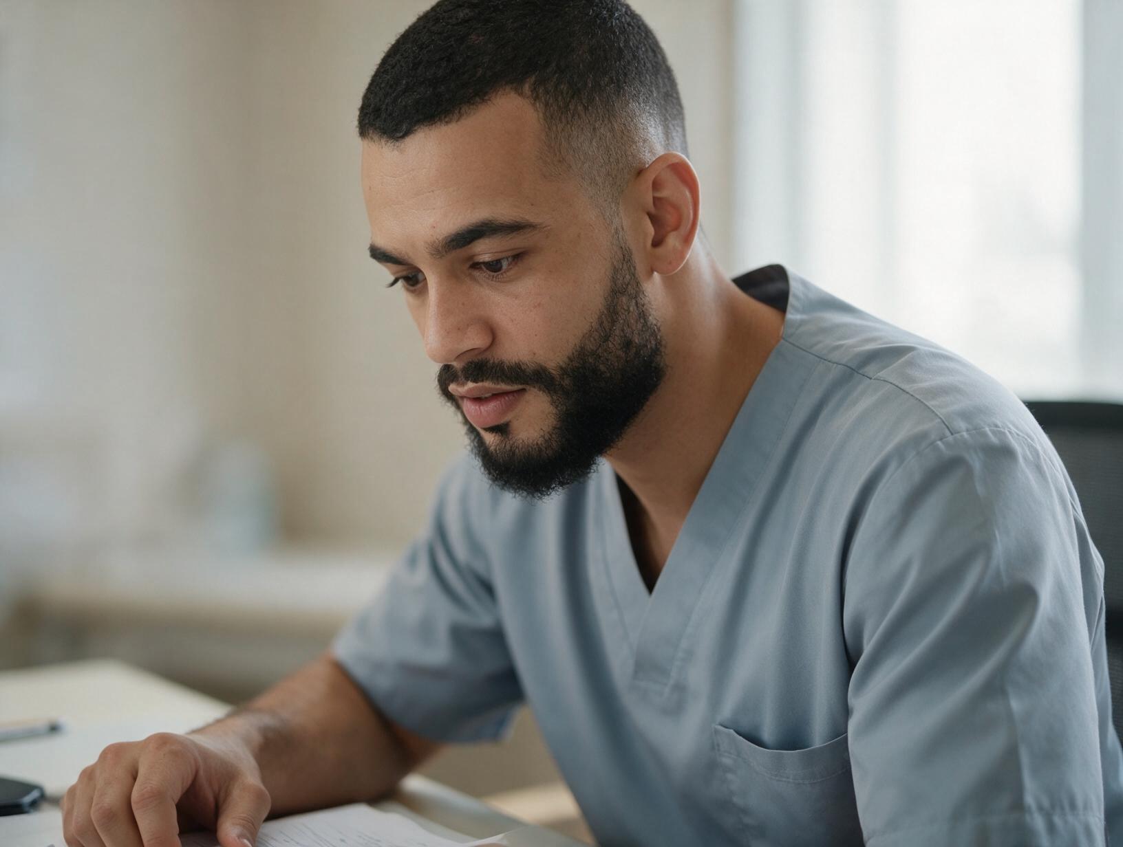 Bearded man in a blue scrub top sits at a desk in soft window light, looking down at papers with one hand resting on them.