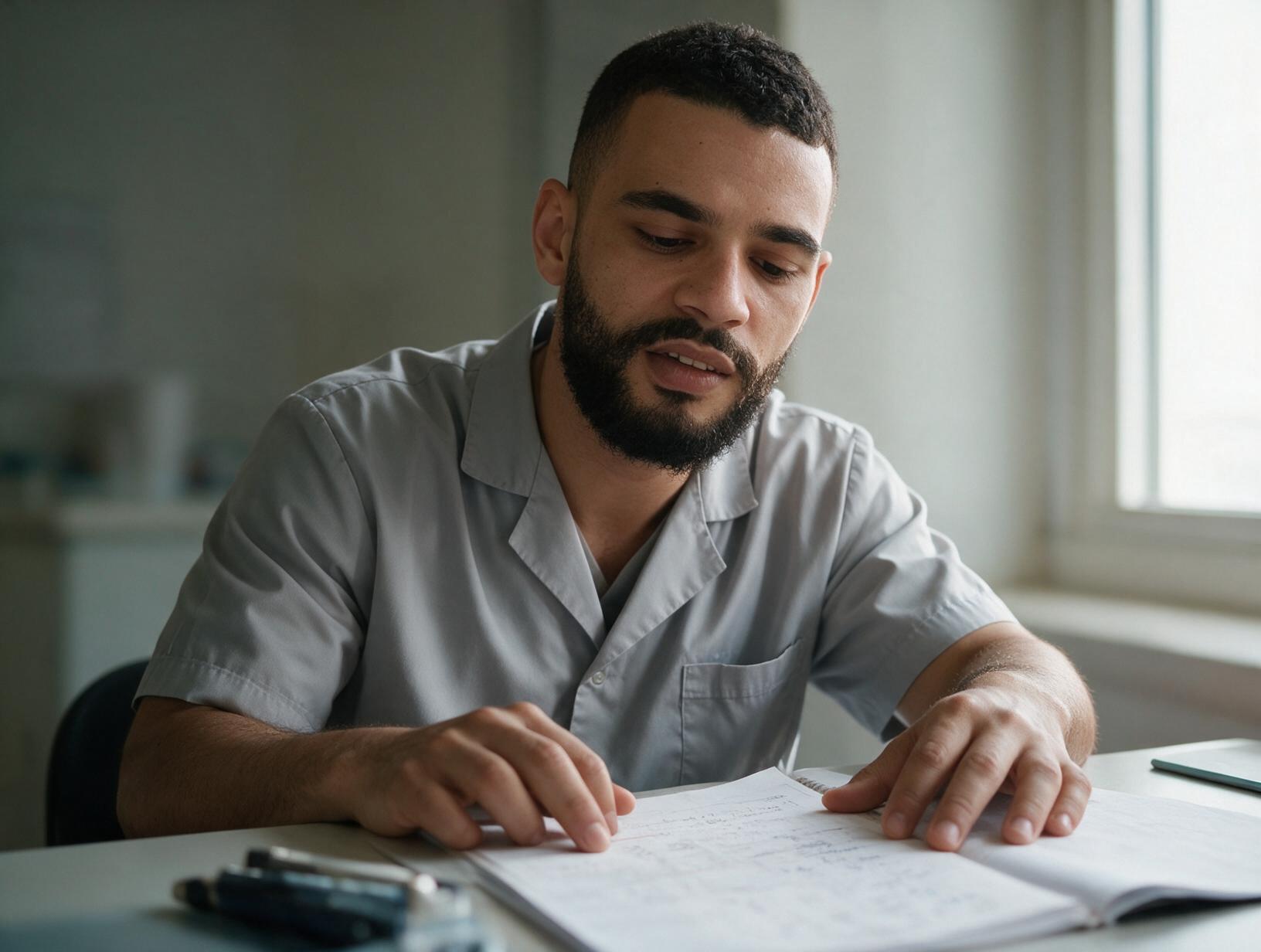 Bearded man in a grey short-sleeved tunic sits at a desk by a window