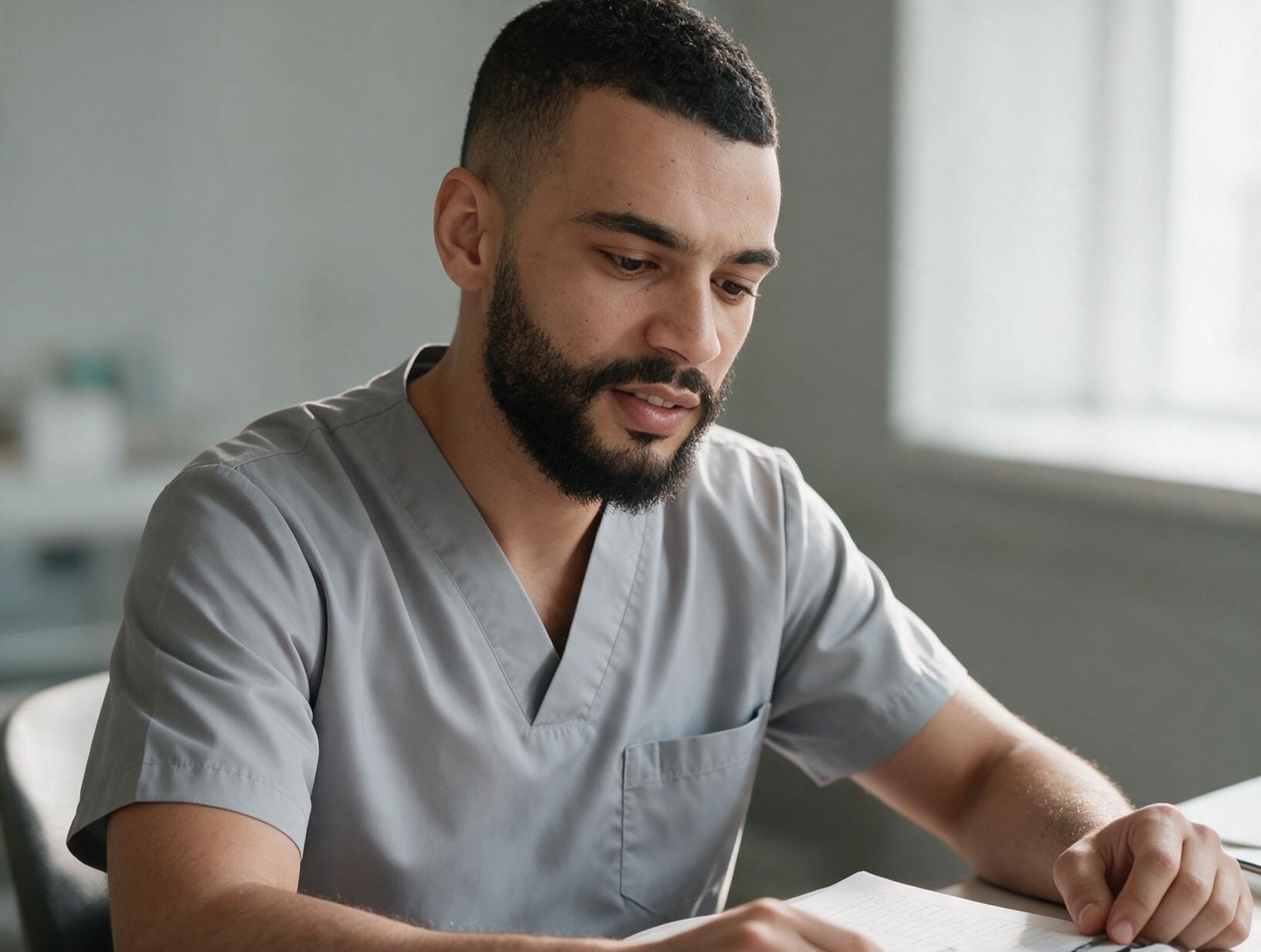 Bearded man in a grey scrub top sits at a desk by a bright window, looking down at papers.
