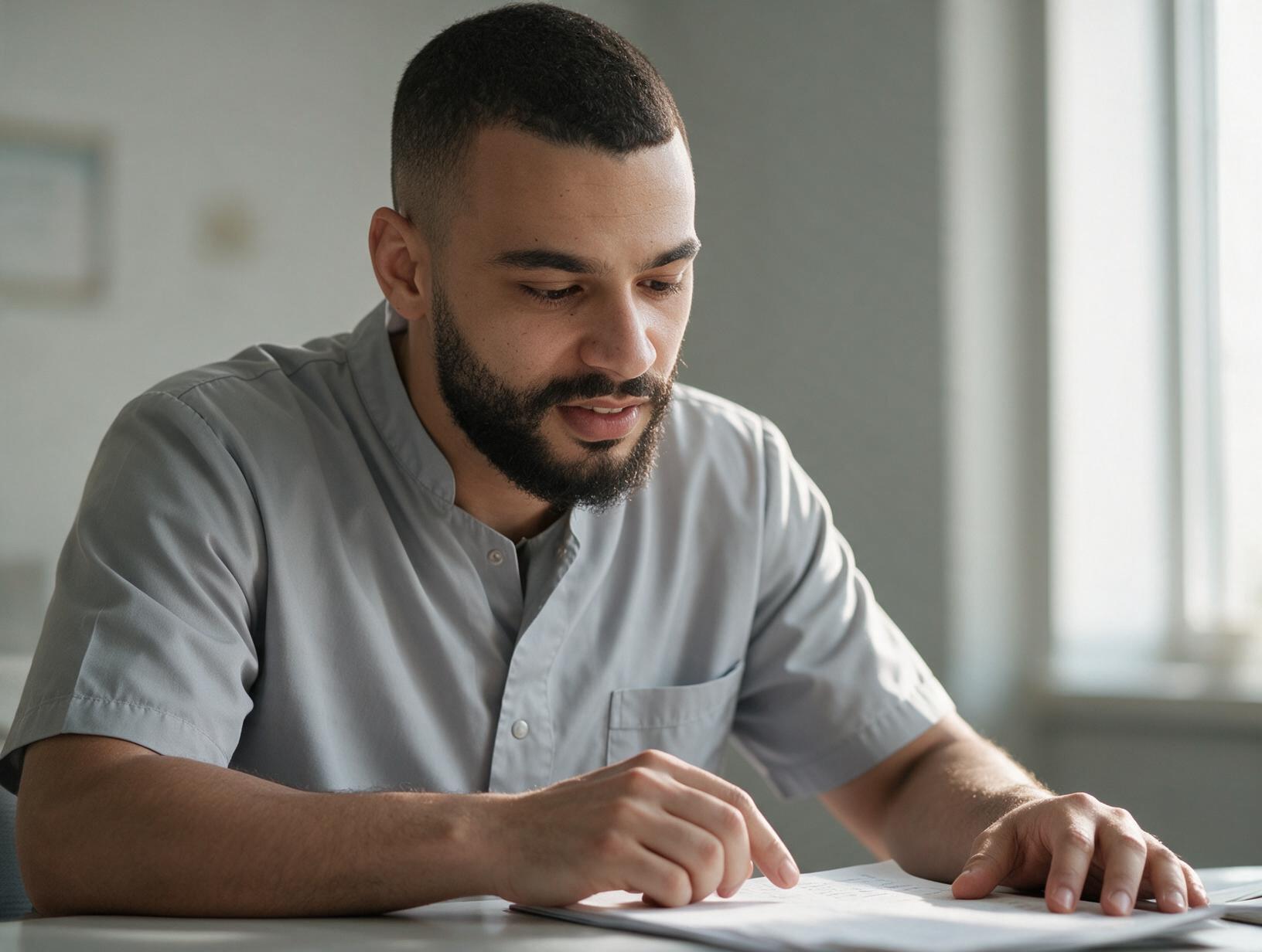 A bearded man with short dark hair in a grey short-sleeved tunic sits at a desk by a bright window, looking down at papers.