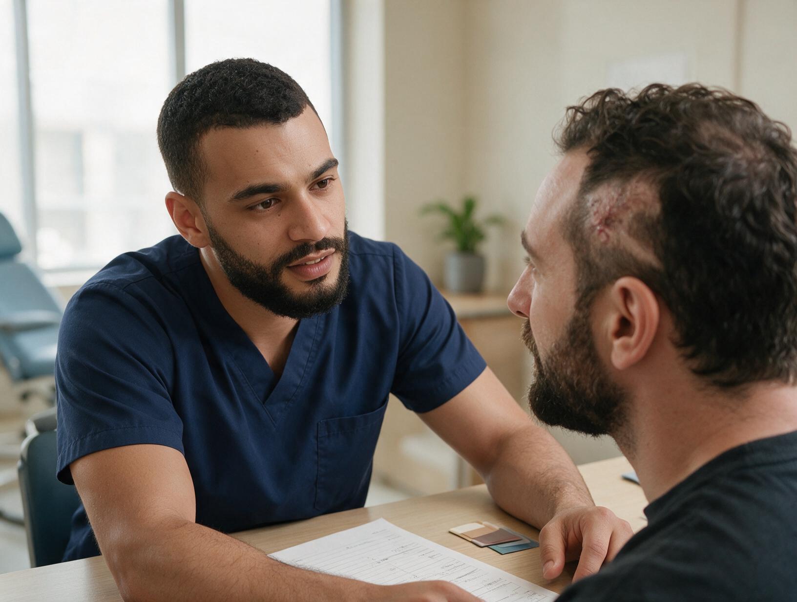 A bearded practitioner in navy scrubs talks with a client at a desk in a bright clinic room