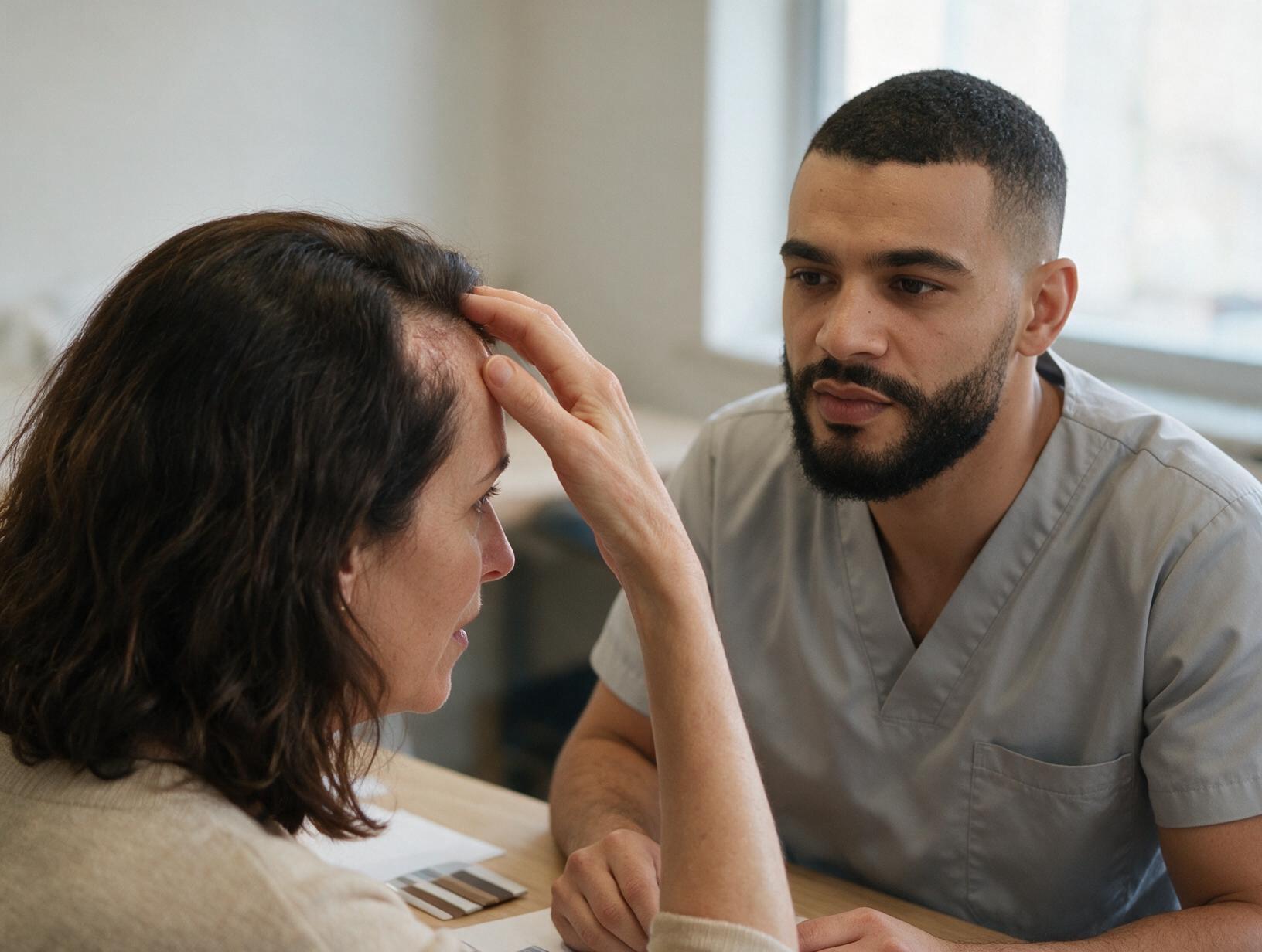 A bearded man in grey scrubs listens as a woman with dark wavy hair touches her hairline during a consultation at a table.