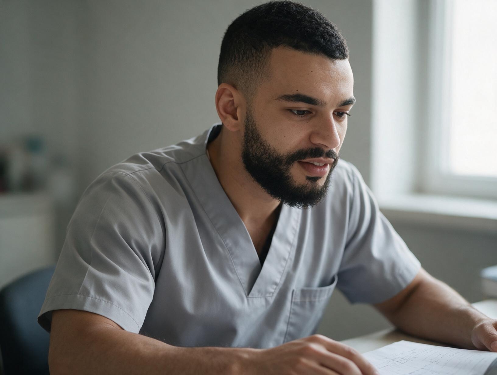 Bearded man with short dark hair in grey scrubs sits at a desk by a bright window, looking down at papers.