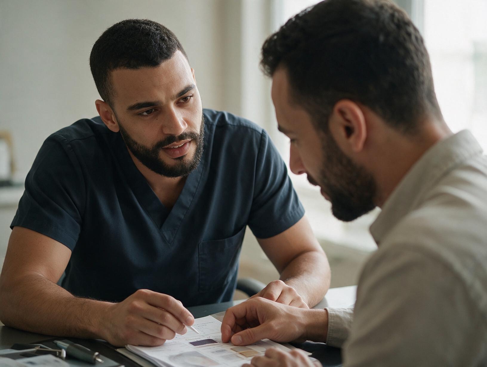 Two bearded men lean over a table in a bright room