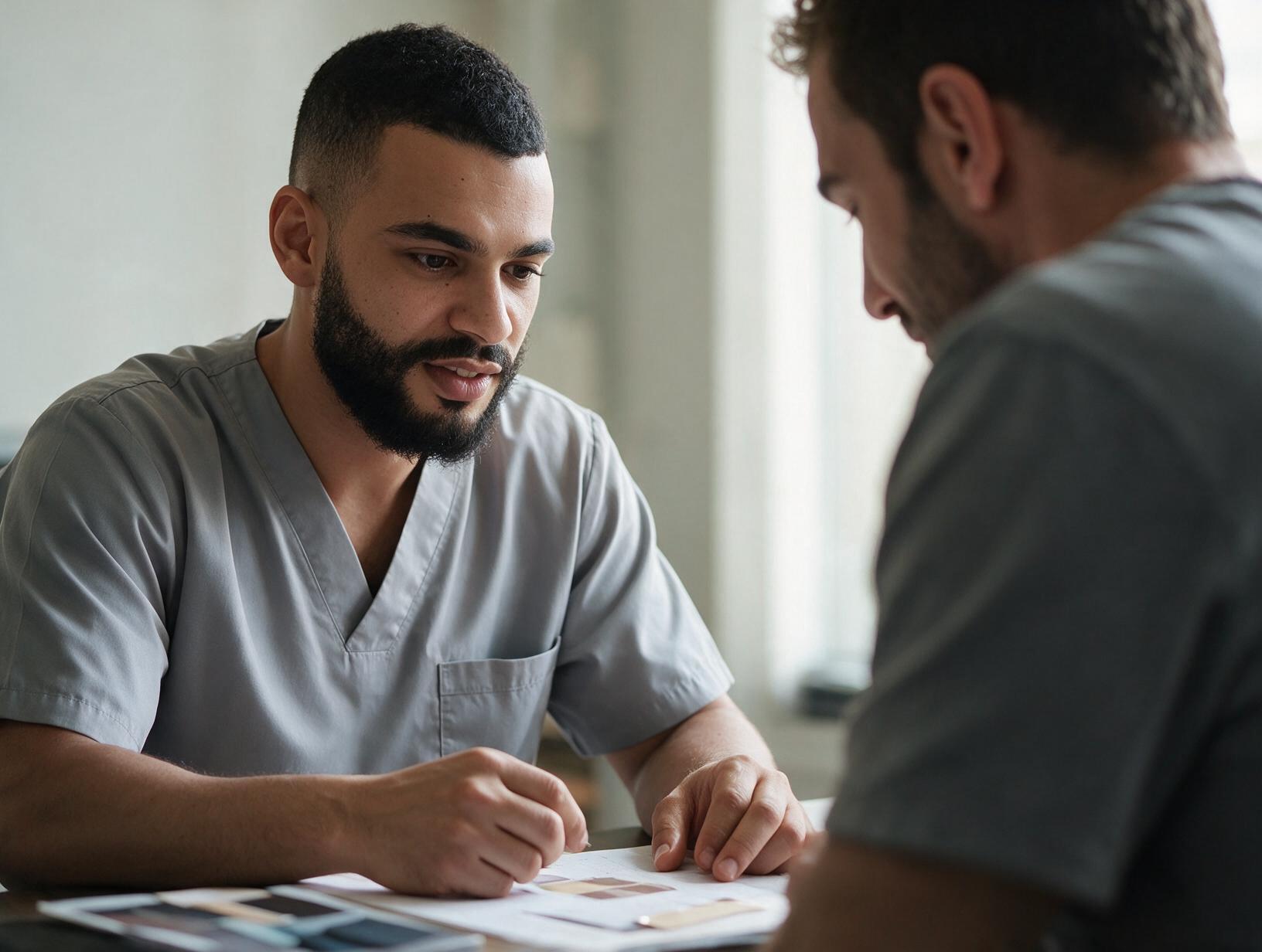 Bearded practitioner in grey scrubs talks with a client at a desk while reviewing printed charts and colour swatches.
