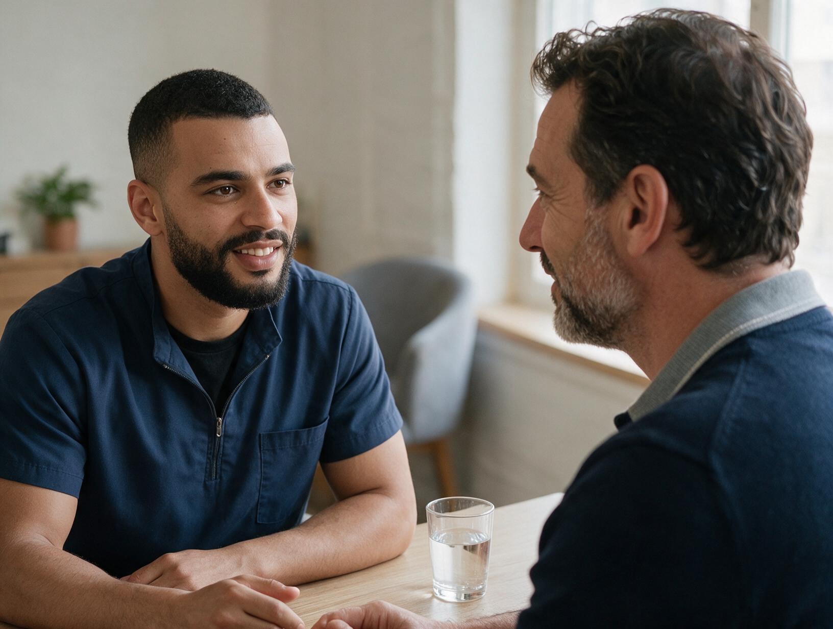 Bearded man in a navy tunic smiles and talks with a man with wavy dark hair across a table with a glass of water.