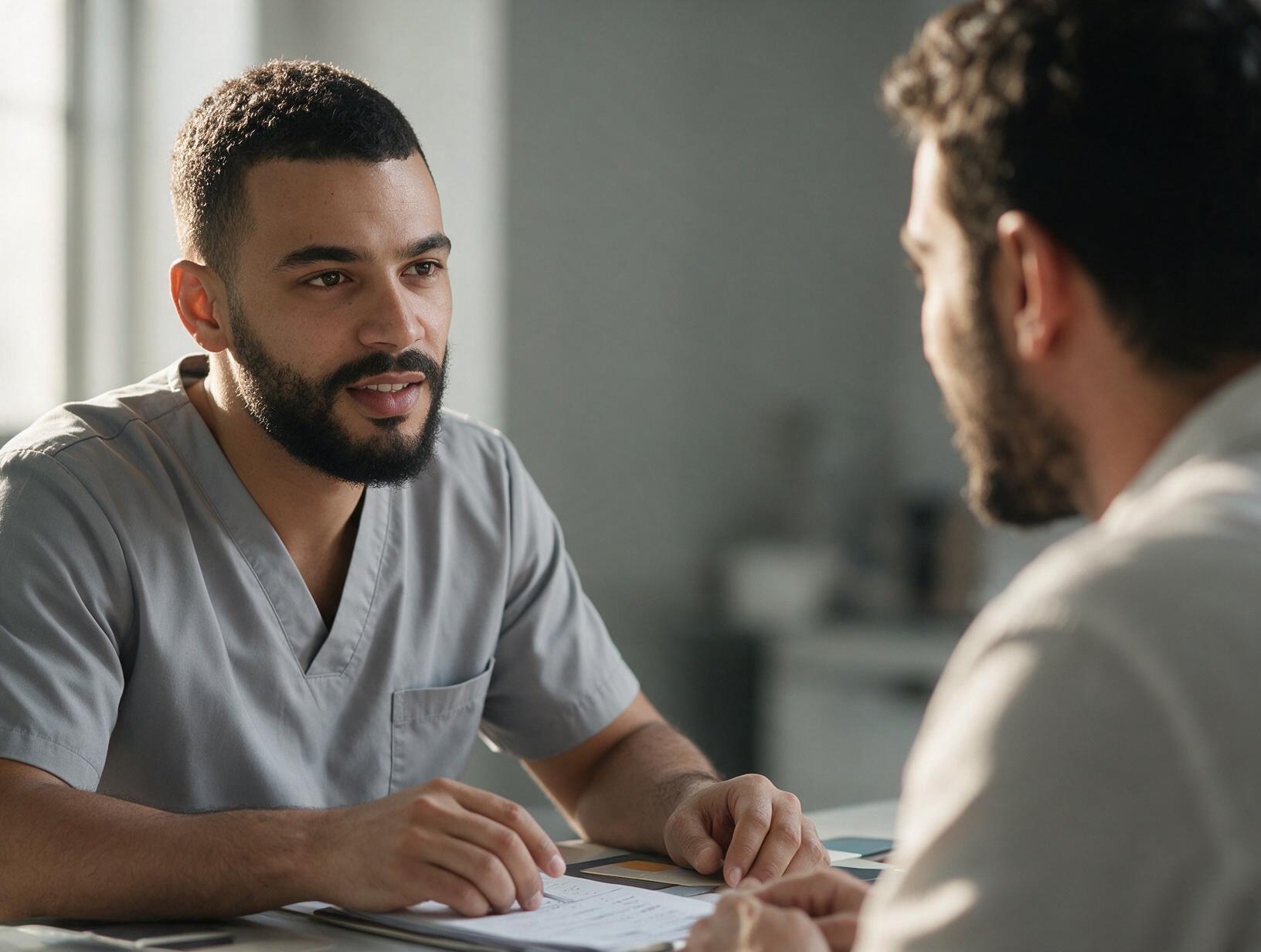 Bearded man in grey scrubs talking with a client across a desk with papers and colour swatches in a bright room.