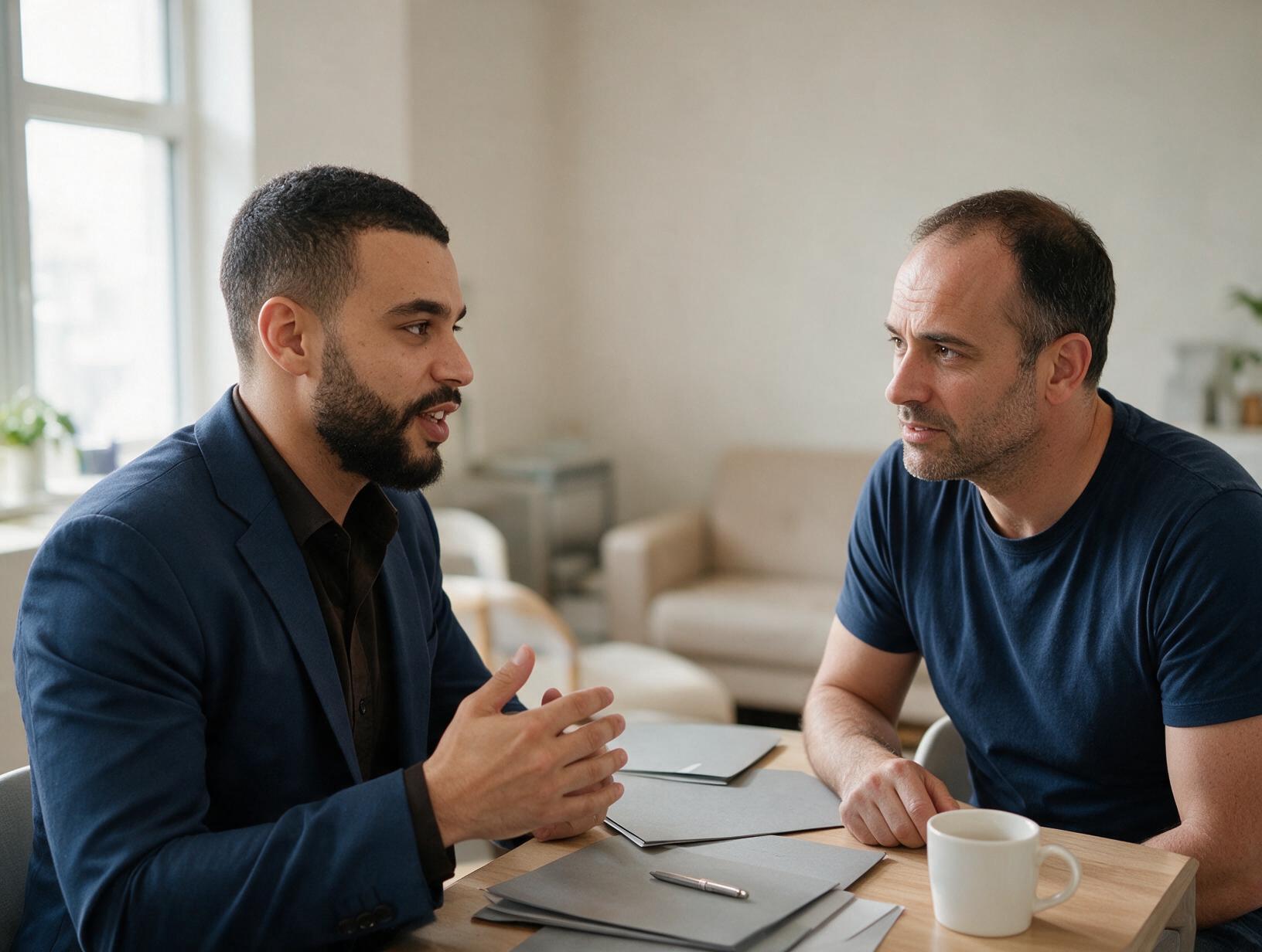 Two men talk at a wooden table in a bright room; one in a navy blazer gestures while the other in a navy T-shirt listens.