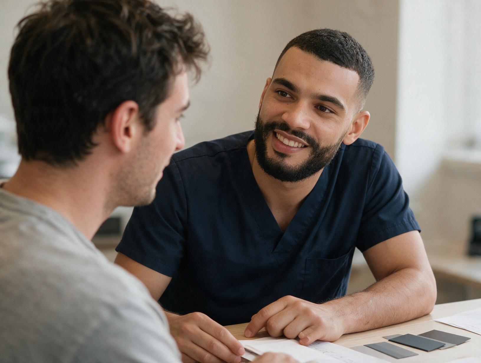 Smiling bearded man in navy scrubs talks with a client at a table with papers and grey swatches in a bright room.