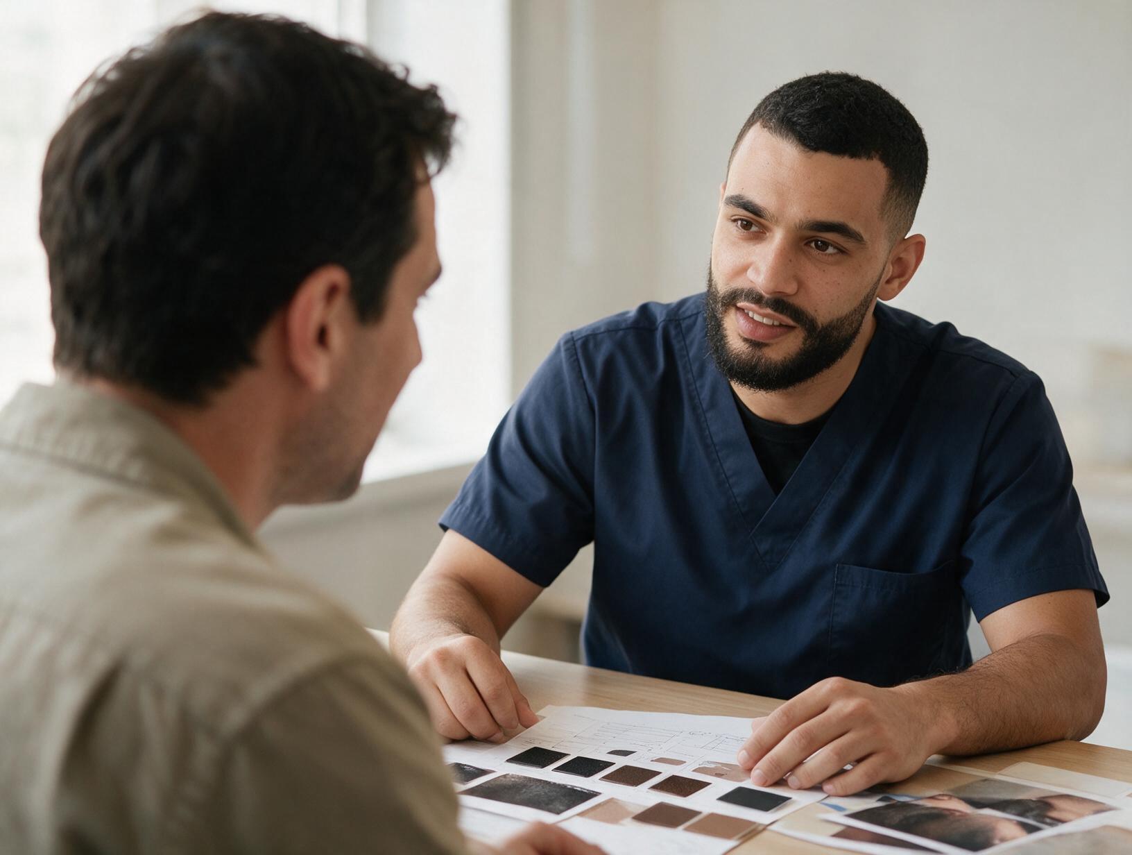 A bearded man in navy scrubs talks with a client at a wooden table covered with colour swatches and printed reference photos.