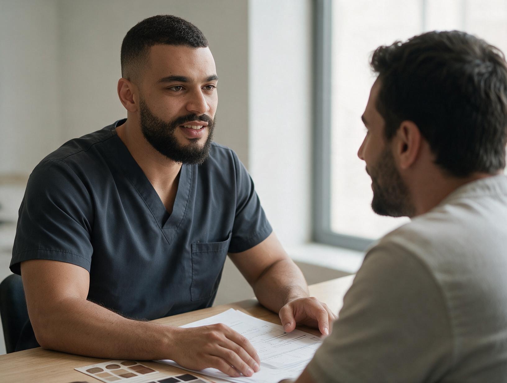 A bearded practitioner in dark navy scrubs talks with a client across a wooden table with papers and skin tone swatches.