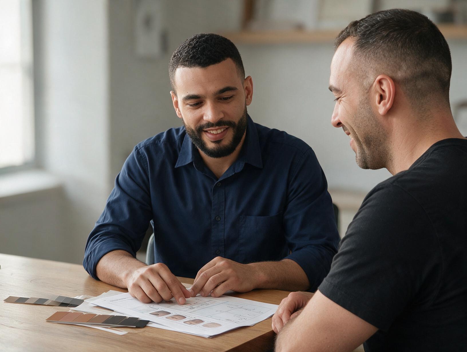 Two men sit at a wooden table looking at printed assessment sheets and colour swatches, smiling during a consultation.