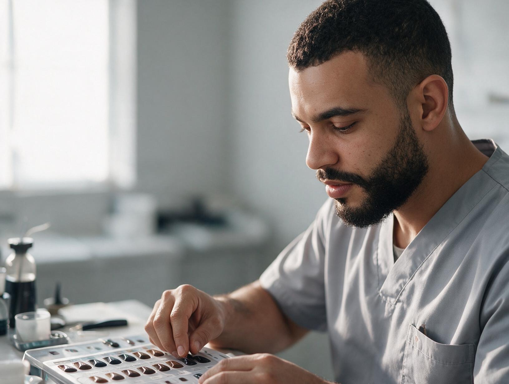 Bearded man in grey scrubs looks down at a tray of brown and black pigment color samples on a bright clinic workstation.