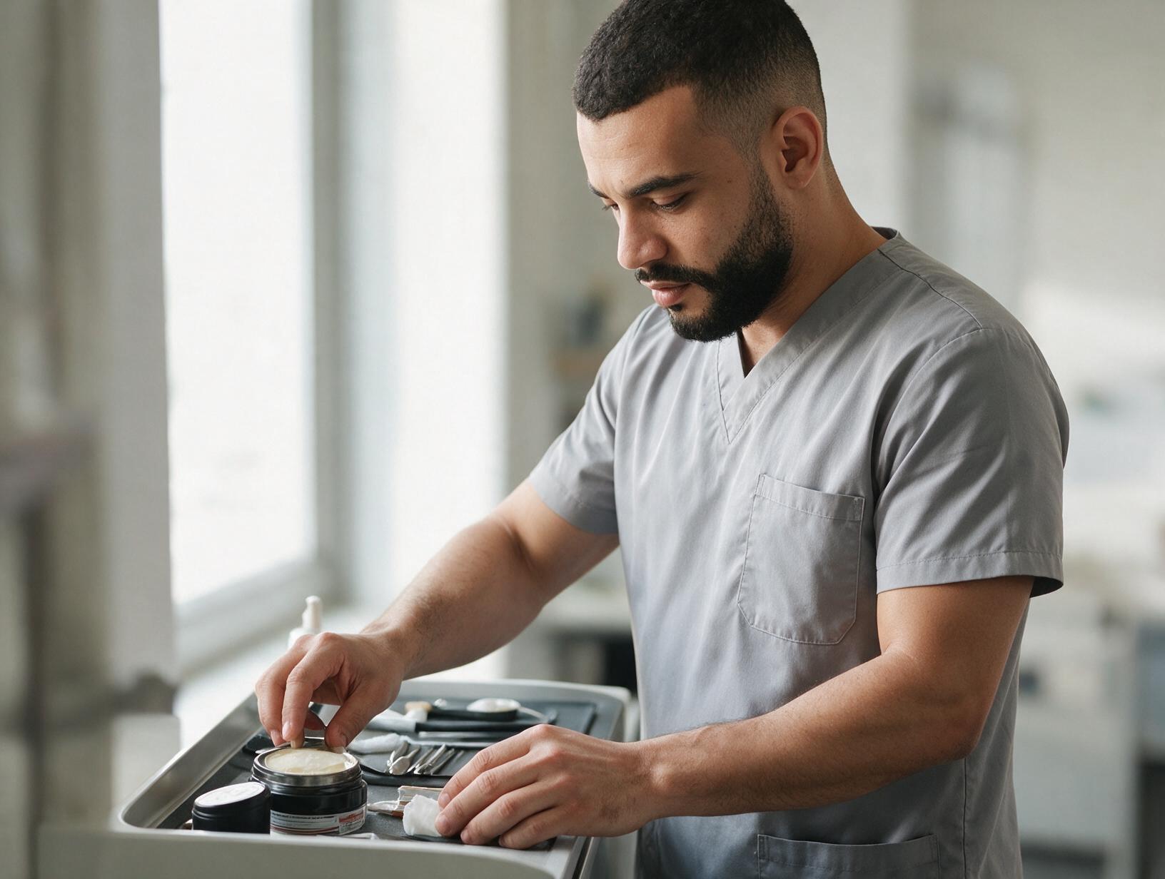 Bearded man in grey scrubs looks down as he opens a tub of cream on a tray of tools and cotton pads in a bright room.