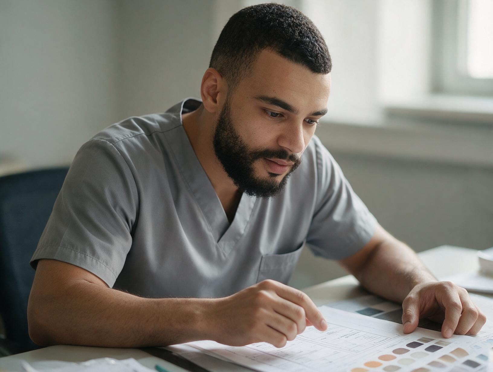 Bearded man in a grey scrub top sits at a desk, looking down and pointing at paperwork beside colour swatches.