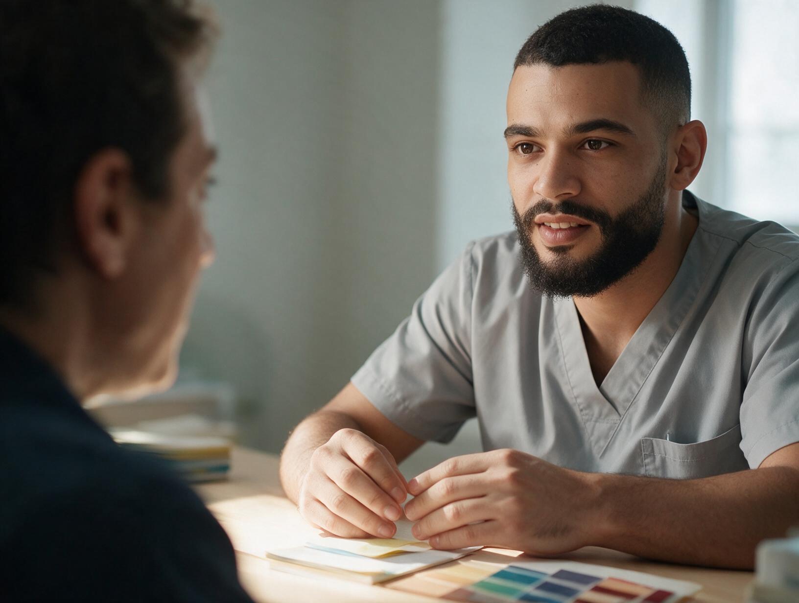 Bearded man in grey scrubs talking with a client across a table with colour swatches and papers, soft window light.