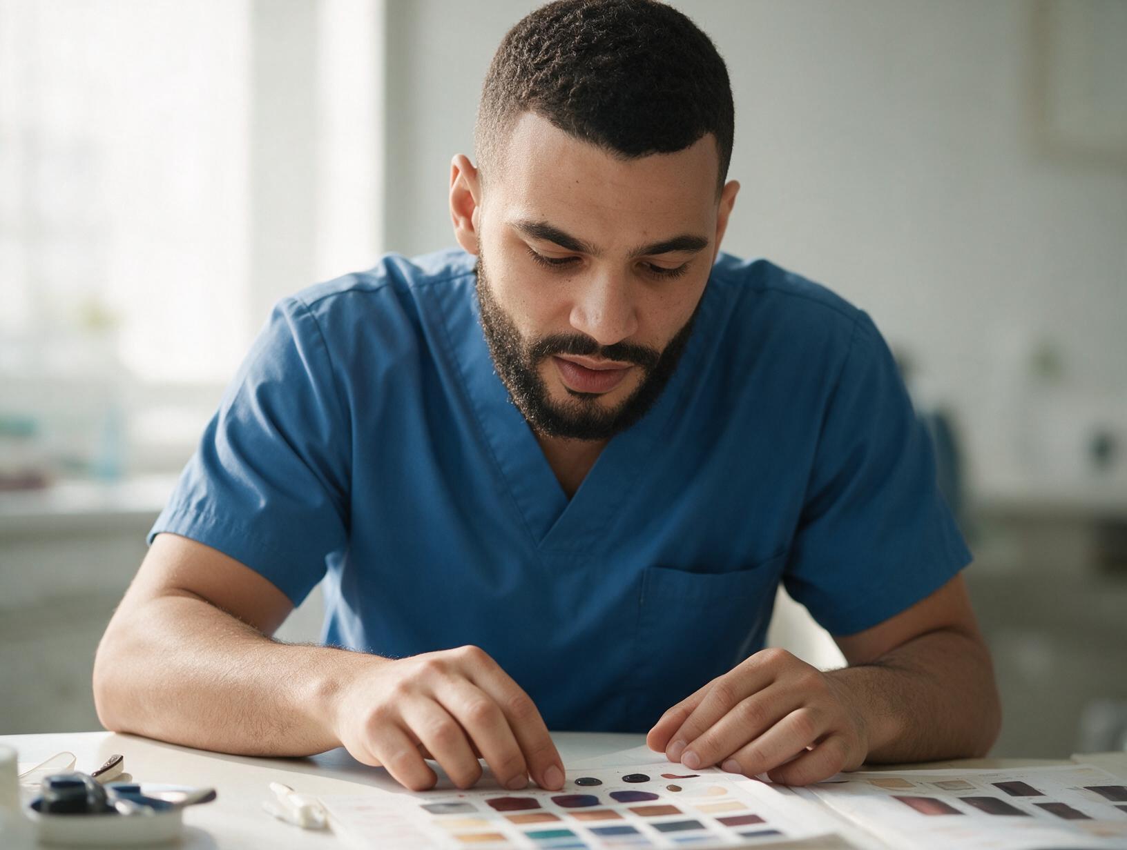 Bearded man in blue scrubs looks down at printed color swatch charts on a desk, with small tools beside him.2